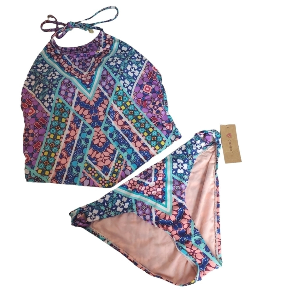 Cremieux Tankini Medium Halter Top Large Bottom Blue Colorful Geometric Beach